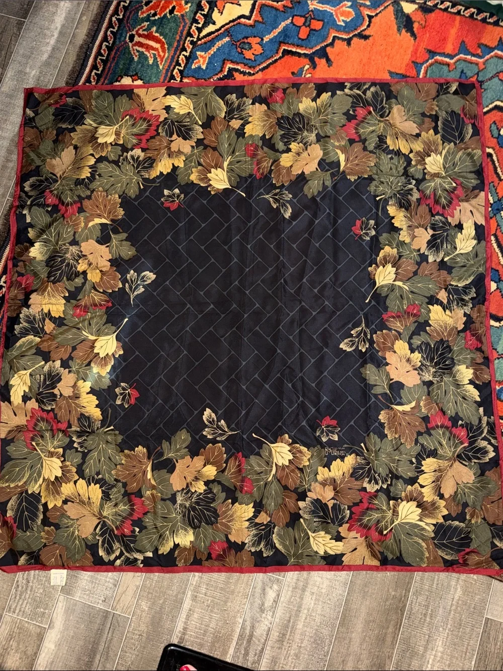 VTG Museum of Fine Arts Boston Autumn Leaves Silk Square Scarf Red Border